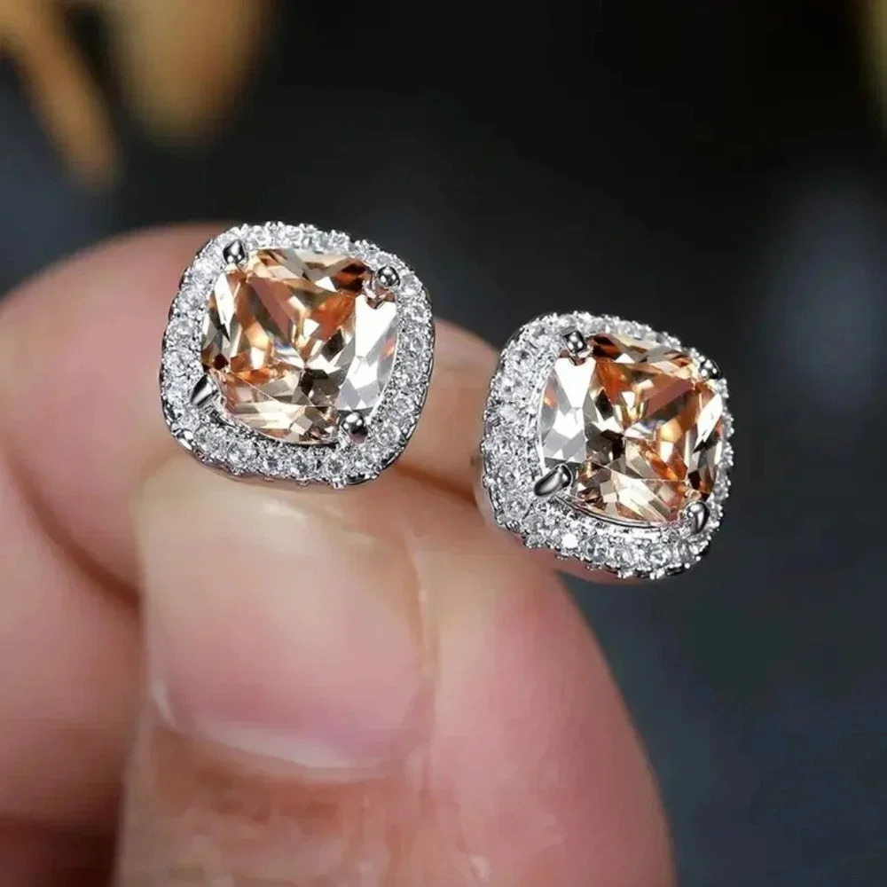 18k White Gold Champagne Diamond Halo Earrings